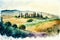 Watercolor illustration of the beautiful fields of Tuscany in Italy