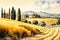 Watercolor illustration of the beautiful fields of Tuscany in Italy