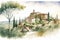 Watercolor illustration of the beautiful fields of Tuscany in Italy