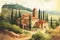 Watercolor illustration of the beautiful fields of Tuscany in Italy