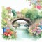 Watercolor illustration beautiful sweet canal bridge with beautiful flowers, colorful flower gardens