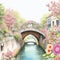 Watercolor illustration beautiful sweet canal bridge with beautiful flowers, colorful flower gardens