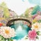 Watercolor illustration beautiful sweet canal bridge with beautiful flowers, colorful flower gardens