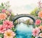 Watercolor illustration beautiful sweet canal bridge with beautiful flowers, colorful flower gardens, lamp