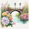 Watercolor illustration beautiful sweet canal bridge with beautiful flowers, colorful flower gardens, lamps