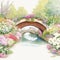 Watercolor illustration beautiful sweet canal bridges with beautiful flowers, colorful flower gardens