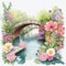 Watercolor illustration beautiful sweet canal bridges with beautiful flowers, colorful flower gardens, violet