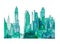 Watercolor illustration of beautiful view of buildings New York city, blue and green colors, for modern design on white