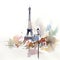 Watercolor illustration of a beautiful view of Eiffel tower in Paris in France. Cityscape or urban skyline. Created with