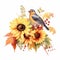 watercolor illustration of a bird amid sunflowers and autumn berries