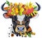 Watercolor illustration of black bull with white spot in a wreath of autumn leaves