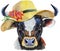 Watercolor illustration of black powerful bull in summer hat