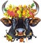 Watercolor illustration of black powerful bull in wreath of autumn leaves with splashes