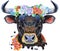 Watercolor illustration of black powerful bull in wreath of freesia