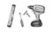 watercolor illustration of a black and white image of the repair tools.screwdrivers, screwdrivers and self-tapping screws.