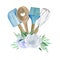 Watercolor illustration of blue bakery with whisk, spoon and spatula. Logo for cake shop and bakery