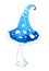 Watercolor illustration of a blue mushroom with white spots and a swirling cap isolated on a white background for design