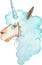 Watercolor illustration of a blue suspicious alpaca with a horn on the head. A unicorn llama portrait.