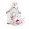 Watercolor illustration of a blue wooden bird house with a bouquet