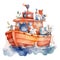 Watercolor illustration of a boat with cats and dogs on a white background