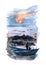 Watercolor illustration boats on the sea at sunset colorful isolated object on white background for advertisement