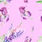 Watercolor illustration Botanical lupines and iris flowers isolated on purple background. Seamless pattern