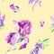 Watercolor illustration Botanical lupines and iris flowers isolated on yellow background. Seamless pattern