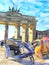 Watercolor illustration Brandenburg Gate in Berlin. tourist bikes in front and People walking through the gate