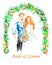 Watercolor illustration of bride and groom on white background with ceremonial floral arch. hand painted illustration