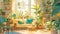 A watercolor illustration of a bright, airy living room filled with lush indoor plants and natural light, showcasing the