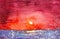 Watercolor illustration of a bright red sunset over the lake. In the foreground flying white fluff