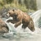 Watercolor illustration of a brown bear jumping over a waterfall. Wild animal.