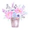 Watercolor illustration. Bucket with Floral elements. Bouquet wi