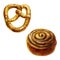 Watercolor illustration, bun set. Rich pastries. Cinnamon bun. Sesame pretzel
