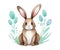 Watercolor illustration of a bunny with golden drops and delicate wildflowers in pastel colors. Easter bunny, postcard