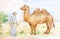 Watercolor illustration of camel and chasseur on desert background. Egypt scene.