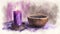 Watercolor illustration capturing the spirit of Ash Wednesday, featuring a purple candle beside an ash-filled bowl, calm