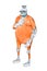 Watercolor illustration of cartoon cyborg or humanoid robot wearing orange prison jumpsuit uniform