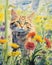 Watercolor illustration of charming cat in garden surrounded by flowers and lush greenery, exuding serene and playful