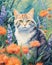 Watercolor illustration of charming cat in garden surrounded by flowers and lush greenery, exuding serene and playful