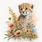 Watercolor illustration of a cheetah cub with flowers and leaves
