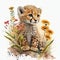 Watercolor illustration of a cheetah cub sitting among flowers
