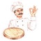 Watercolor illustration. Chef in uniform holding empty cutting board and making OK gesture. Isolated on a white