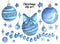 Watercolor illustration of Christmas and New Year elements. Weihnachten. Blue cute watercolor elements.