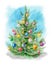 Watercolor illustration: Christmas tree decorated with balls on a blue background. Template for the design of posters