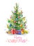 Watercolor illustration: Christmas tree decorated with balls. Gifts under the Christmas tree. Template for the design