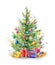 Watercolor illustration: Christmas tree decorated with balls. Gifts under the Christmas tree. Template for the design