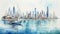 Watercolor Illustration Of A City And Boat In The Gulf Of United Arab Emirates