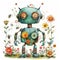 watercolor illustration clipart of a quirky cartoon robot with colorful gears and antennas. surrounded by buzzing bees and