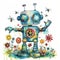 watercolor illustration clipart of a quirky cartoon robot with colorful gears and antennas. surrounded by buzzing bees and